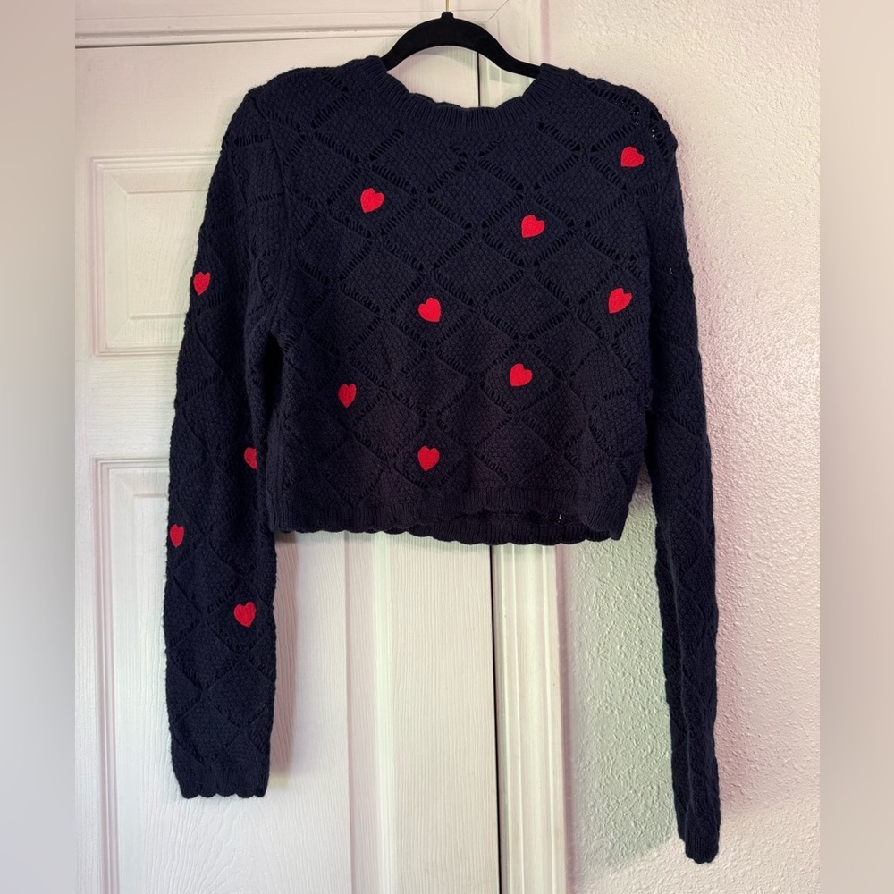 Zara navy with red Heart Pattern cropped Sweater - Picture 2 of 7